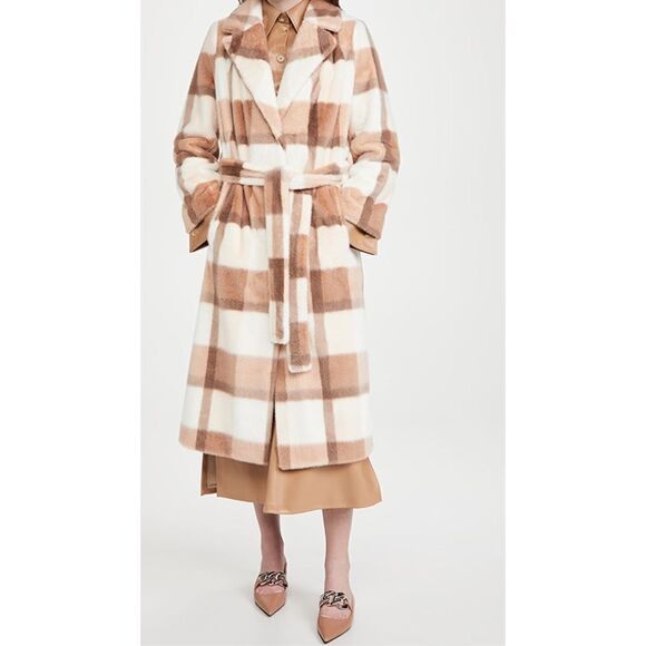 STAND STUDIO Juliet Faux Fur soft Check Long Coat - Size 38(US6) - Picture 1 of 12